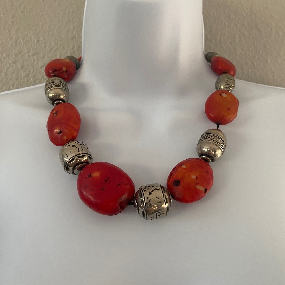 Vintage Red Chunky Bead Necklace Silver Tone Etched Metal Tribal Boho Statement